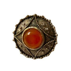 Vintage Traditional Round Gilt Silver Kazakh Ring w/ Carnelian Stone, Size 9